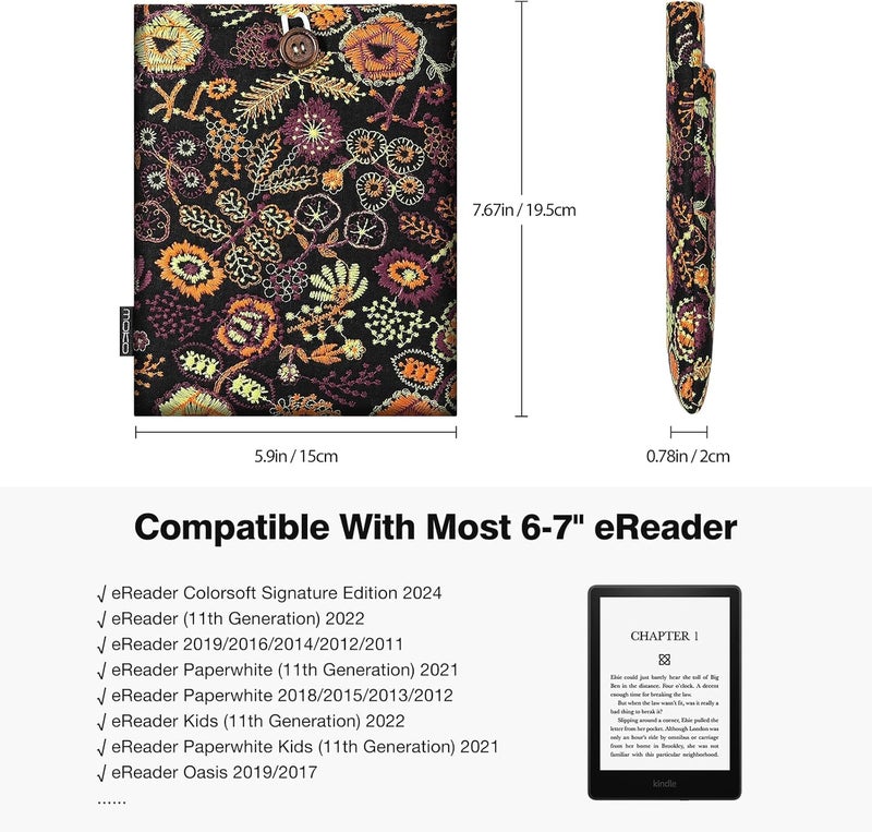 MoKo 6-7" Embroidered Padded eReader Sleeve Tablet Bag Pouch for 7" Colorsoft Signature Edition 2024, 6.8" Paperwhite 11th/10th Gen, 6" Voyage/Kobo eReader, Black Yellow Flowers - Image 2